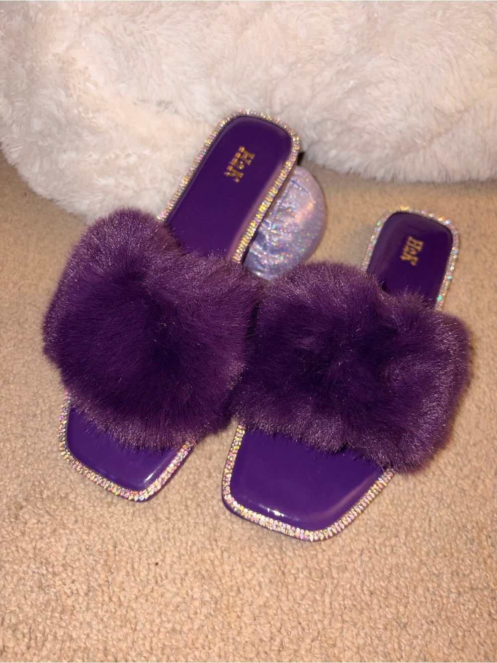 Purple Faux Fur Slide Sandals with Crystal Trim